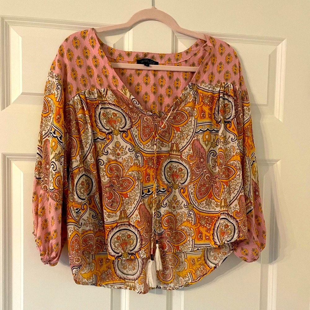 Rachel Zoe Ballon Sleeve Pink Yellow Paisley Boho Blouse Top S